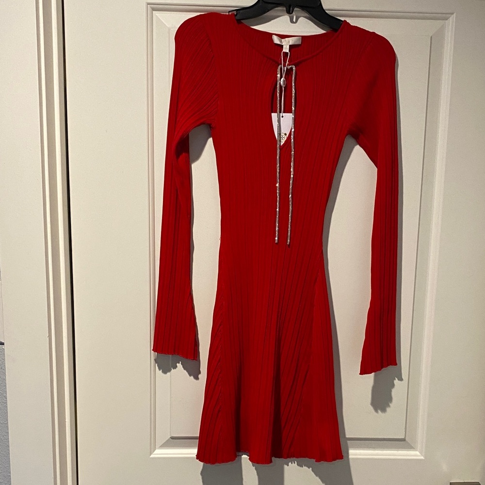 NWT Designer  Vibrant Red Long Sleeve knit Dress w/sparkly cords by v-neck hook